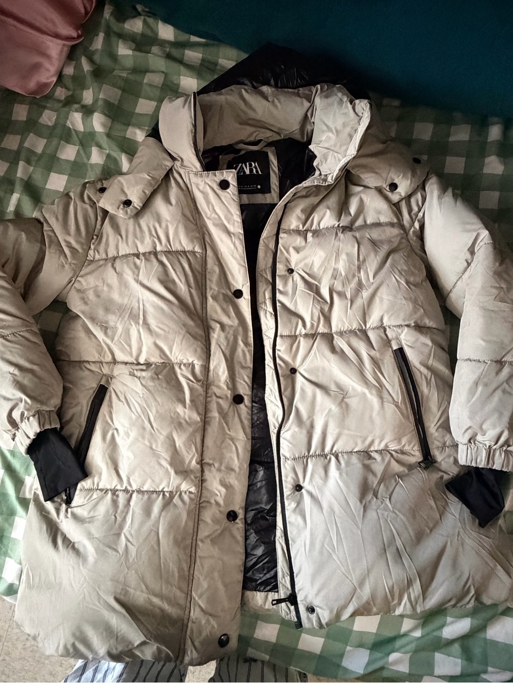 Zara Light Gray Puffer Coat with Black Lining